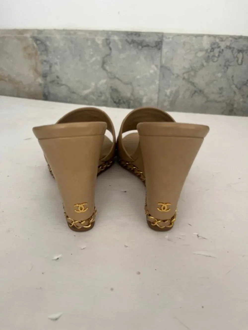 Chanel Tan Leather Chain Wedge Slide Sandals Mules CC Logo